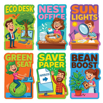 Rebellious 2D Stickers Of Businessmen Shredding Paper For Bird Nests And Watering Computer Trees For World Environment Day Sustainable Workplace Habits Paperless Digital Life And Green Lifestyle