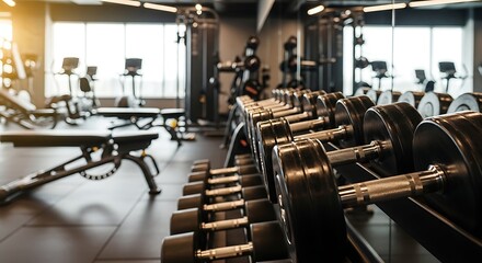 Modern gym interior with dumbbells and exercise equipment