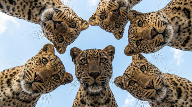 Low-angle close-up of leopards forming a circle and looking down, creating a symmetrical wildlife composition, symbolizing curiosity, unity, alertness, and natural predator beauty.