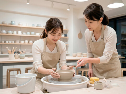 陶芸教室でろくろを指導する女性
