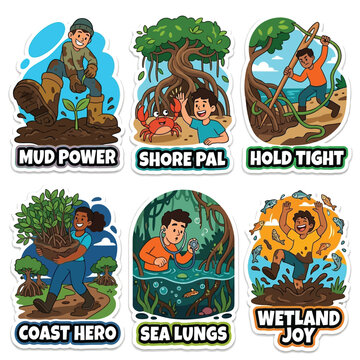 Dynamic 2D Stickers Of People Planting Mangroves In Deep Mud And High Fiving Crabs For World Environment Day Coastal Protection Wetland Restoration And Blue Carbon Ecology Conservation Art Scene