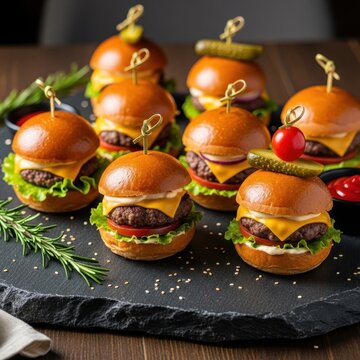 Delicious Mini Burgers with Fresh Ingredients on a Slate Platter.