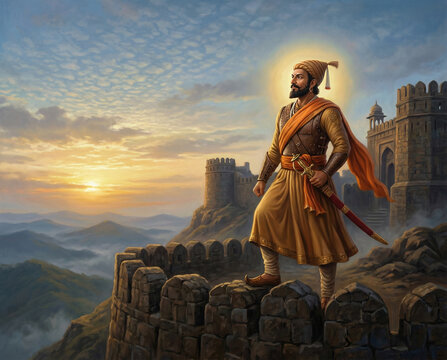 Dramatic illustration of historic Indian warrior king shivaji standing on fort, overlooking vast mountains at sunrise, symbolizing courage, leadership, heritage, strength, and Maratha empire legacy.