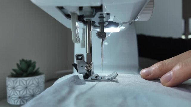 Man lifting presser foot and pulling thread after stitching on sewing machine. Finishing seam, tailoring workflow and textile craft concept.