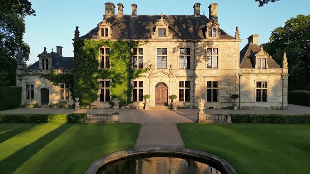 Golden hour castle aerial drone flyover medieval manor estate