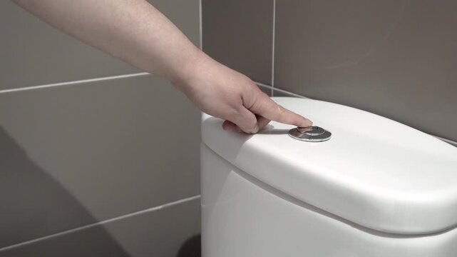 Closeup of male hand pushing a button to flush a close tool a bathroom toilet.