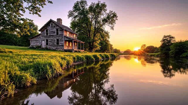 Golden hour countryside house reflection over stream sunset sunrise