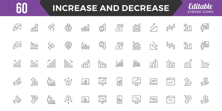 Increase and Decrease line Editable Icons set. Graph, Diagram, business growth, finance, economy, statistics, summary, profit, fall, arrow up, down,
and more. Simple vector icons. Editable Stroke.
