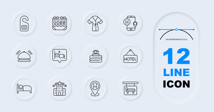 Hotel service set icon. Line symbols with door hanger calendar bathrobe mobile location reception bell sleep message spa hotel bed building helipad canopy inside circular
