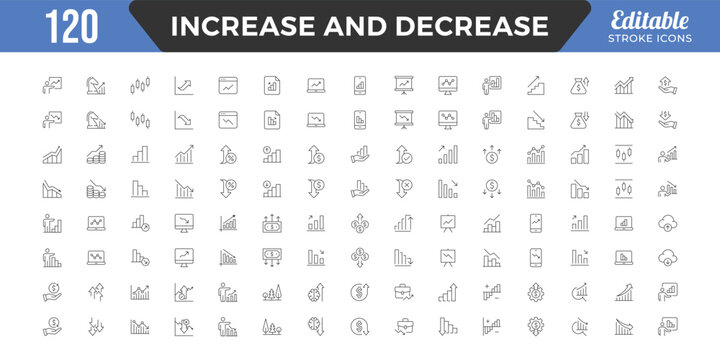 Increase and Decrease line Editable Icons set. Graph, Diagram, business growth, finance, economy, statistics, summary, profit, fall, arrow up, down,
and more. Simple vector icons. Editable Stroke.