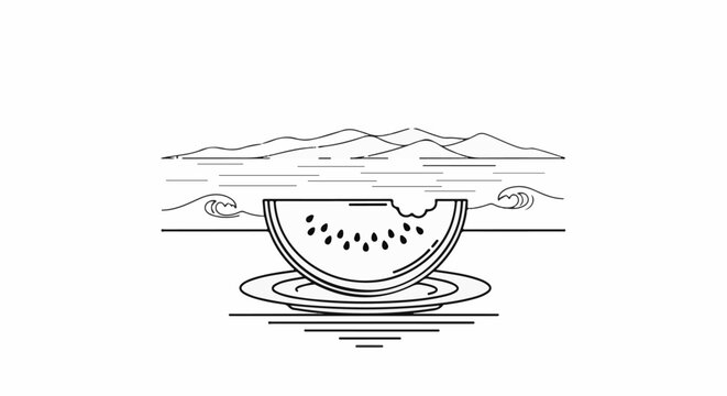 A bite mark on a watermelon slice rests on a plate amidst a seascape
