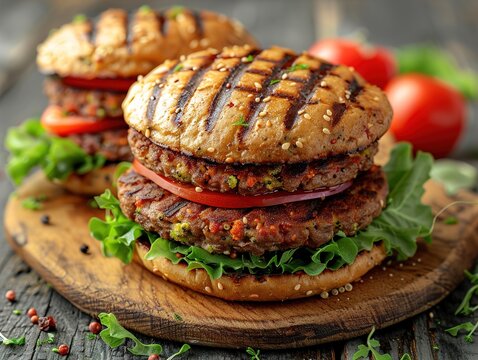 A delicious vegan burger on a wooden board with fresh tomatoes and greens