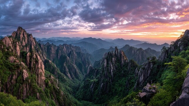 Panoramic View of Jagged Granite Mountains at Huangshan Yellow Mountain during Sunset