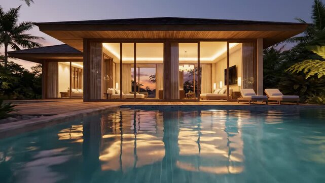 Golden hour luxury villa with infinity pool and tropical garden
