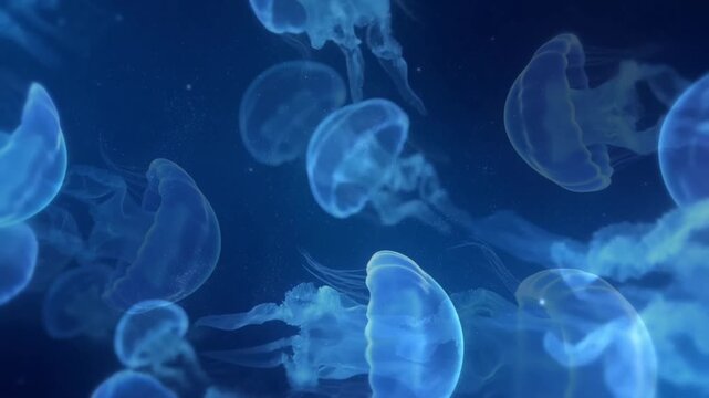 Bioluminescent blue jellyfish swimming in deep dark ocean water with glowing light effects