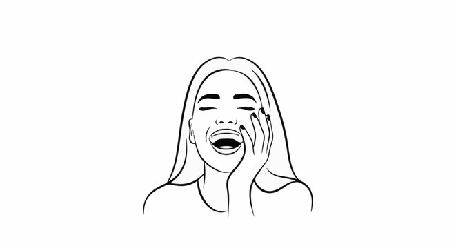 Black and white line art of a woman laughing with eyes closed