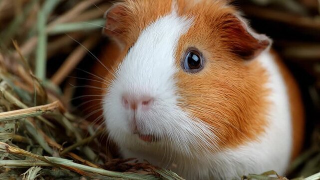 Adorable domestic cavy with fluffy fur looking around from a hay nest in a close-up view