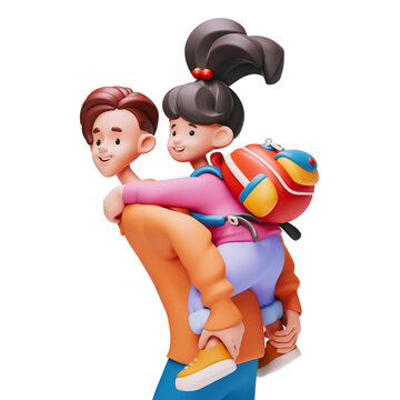 3D rendering of a joyful stylized asian family on a white background, three quarter length view. Cute kawaii characters, a young father giving his little daughter a piggyback ride. Smiling faces.