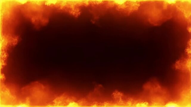 Cinematic fire frame border with glowing orange flames on black background for intense media