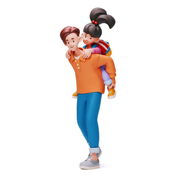 3D rendering of a joyful stylized asian family on a white background, full length view. Cute kawaii characters, a young father giving his little daughter a piggyback ride. She wears a school backpack.