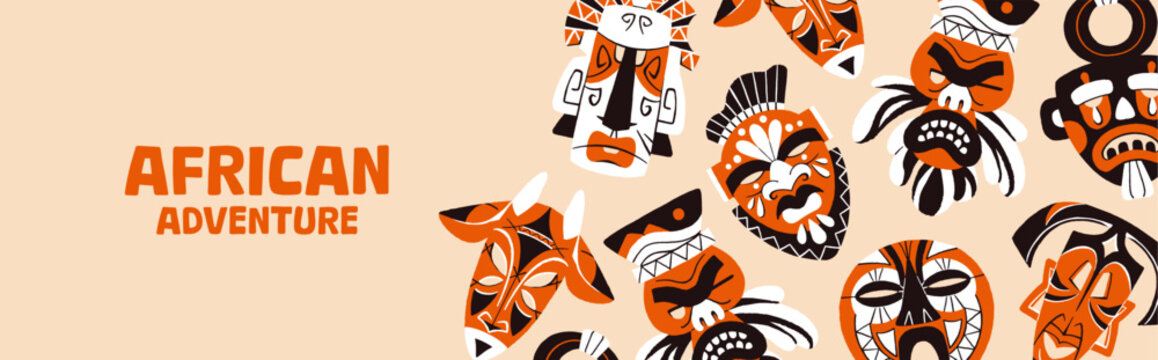 Advertising banner design with different traditional African masks. Promotion template of travel to Africa with ancient idols' faces on layout. Cover with aboriginal masques. Flat vector illustration.