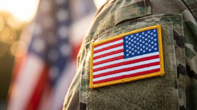 A military uniform with an American flag patch is illuminated by sunlight with a blurred flag in the background