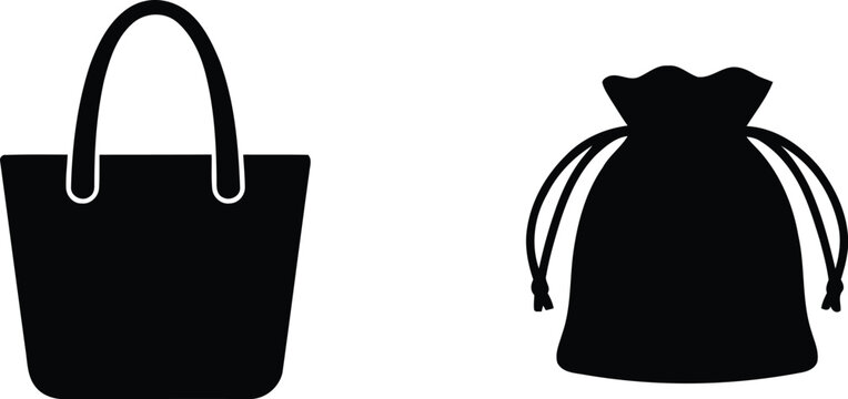 Minimalist vector graphic illustration featuring a black tote bag silhouette alongside a simple drawstring pouch for modern fashion design concepts