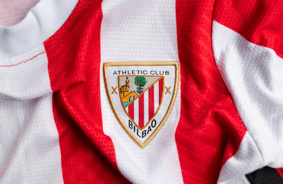 Kyiv, Ukraine, April 21, 2026. Close-up of Athletic Club Bilbao crest on a classic red and white striped football jersey.