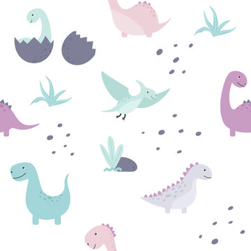 children seamless pattern with cute cartoon dinosaurs pastel color