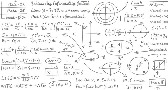 Hand drawn mathematical equations and diagrams on a white background with grey ink mathematics formula