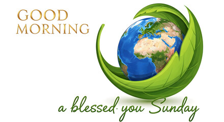 Fototapeta premium Good morning earth a blessed sunday greeting with a green leaf