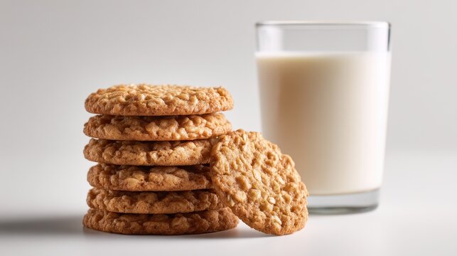 Healthy oatmeal cookies in a stack next to a glass of milk isolated on white background