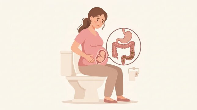 Medical Illustration of Pregnancy Symptoms and Conditions Showing a Woman Experiencing Discomfort in a Restroom Setting