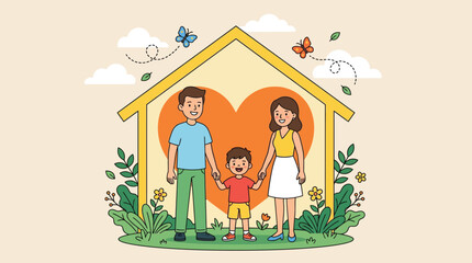 Naklejka premium Happy family with child standing together in front of house outline with heart icon vector illustration