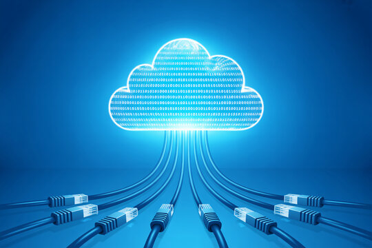A glowing cloud icon with cables connected to it represents cloud computing and data storage