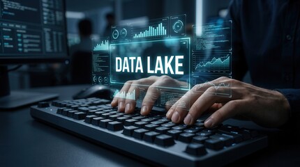 Naklejka premium Hands typing on a keyboard with a digital data lake concept overlaid in a futuristic interface.