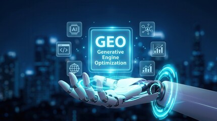 Obraz premium Digital marketing concept featuring GEO strategy and optimizing content for AI search engines.
