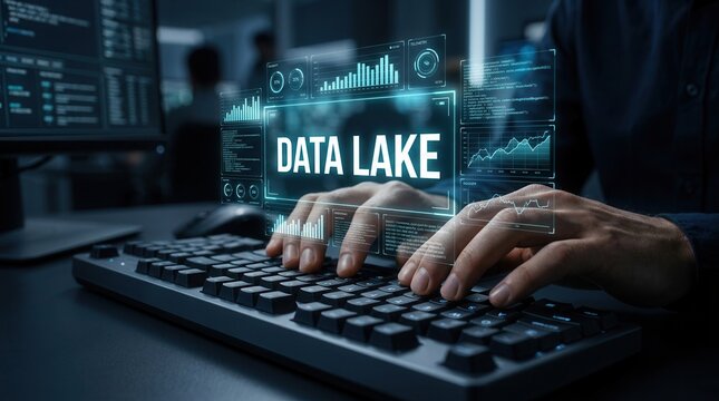 Hands typing on a keyboard with a digital data lake concept overlaid in a futuristic interface.