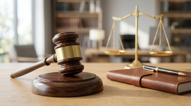 Wooden gavel and gold justice scales on a desk in a modern law office.