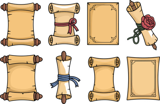 Set of vintage paper scrolls and ancient parchment frames in cartoon style with wax seals and ribbons for medieval game UI fantasy invitations and certificates isolated