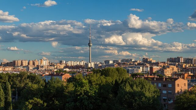Madrid city skyline with Torrespa&ntilde;a television tower, lush green park and residential buildings under a blue cloudy sky