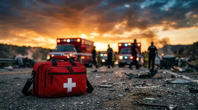 Red first aid kit on a debris littered road at a disaster site during sunset.