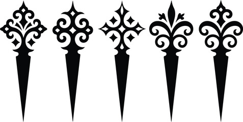 Vintage gothic ornament set featuring black fleur de lis and ornamental spearhead silhouettes for luxury branding tattoo design wedding invitations and classic decorative borders isolated © Anondo_Stock