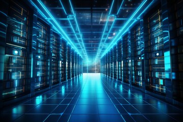 Fototapeta premium Server racks storing big data glow with futuristic neon lights in a modern data center