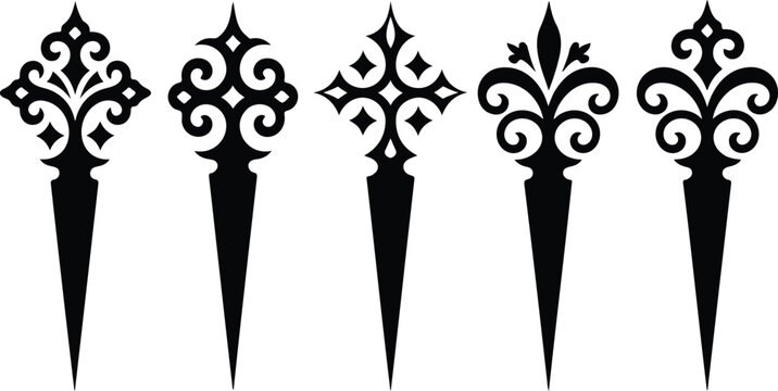 Vintage gothic ornament set featuring black fleur de lis and ornamental spearhead silhouettes for luxury branding tattoo design wedding invitations and classic decorative borders isolated