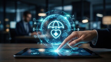 Naklejka premium Global healthcare and medical insurance solutions for family protection using digital technology.