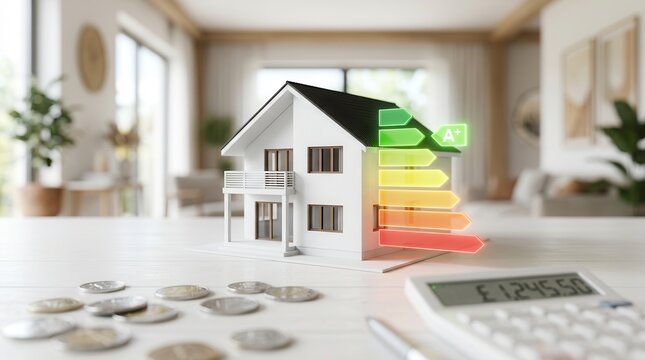 Model house with energy efficiency rating, calculator, and coins for home energy audit concept.