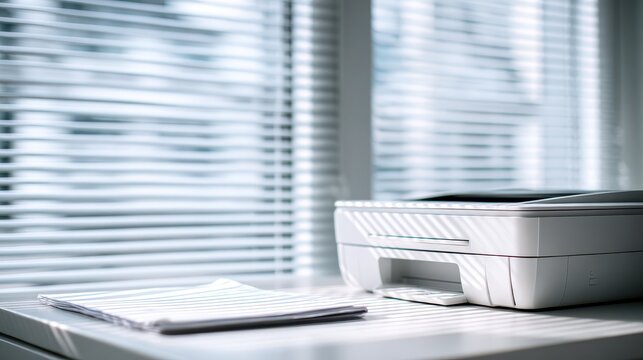 Modern All-in-One Printer and Papers on Office Desk by Window with Blinds