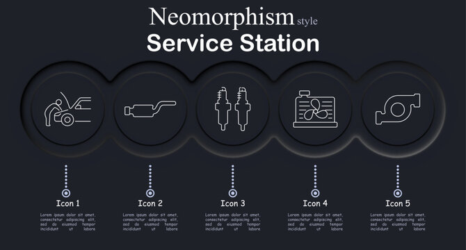 Service station set icon. Neomorphic dark interface circles with line symbols of mechanic checking car engine, exhaust pipe muffler, spark plug pair, car radiator cooling fan, engine turbo component