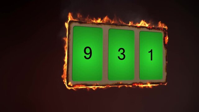 Burning scoreboard displaying numbers nine one and eight on green background against dark backdrop